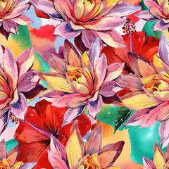 Watercolor beautiful, exotic flower. Flower Lotus Seamless floral background - illustration.
