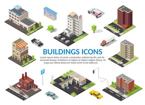 Isometric set of city cityscape vector low poly elements