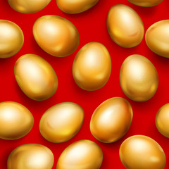 Seamless pattern of realistic golden Easter eggs with shadows on red background