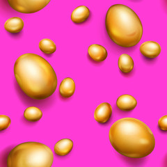 Seamless pattern of realistic golden Easter eggs with shadows on pink background