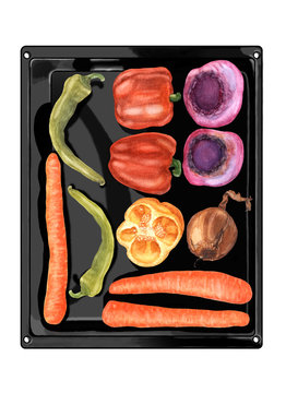 Watercolor hand drawn vegetables on black metallic baking pan, flat lay. Top view of beetroots, carrots, peppers, chili and onion. Fresh and healthy food illustration.