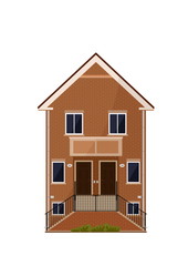 Suburban or city brick brown house front view with a balcony and a staircase