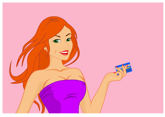 Red hair girl with a credit card in her hand for shopping