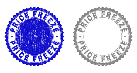 Grunge PRICE FREEZE stamp seals isolated on a white background. Rosette seals with grunge texture in blue and grey colors. Vector rubber stamp imprint of PRICE FREEZE caption inside round rosette.