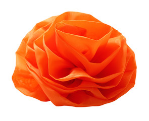 one artificial flower of Orange color from fabric. Image close up, isolated on white background.