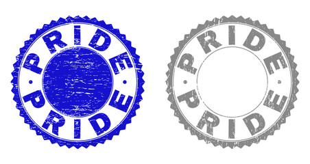 Grunge PRIDE stamp seals isolated on a white background. Rosette seals with grunge texture in blue and grey colors. Vector rubber stamp imitation of PRIDE title inside round rosette.