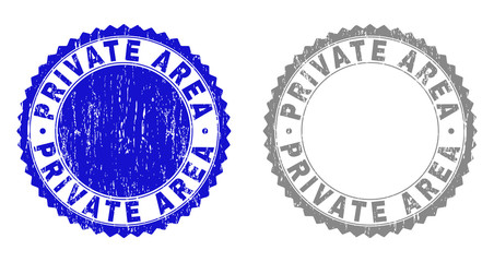 Grunge PRIVATE AREA stamp seals isolated on a white background. Rosette seals with distress texture in blue and grey colors. Vector rubber stamp imitation of PRIVATE AREA caption inside round rosette.