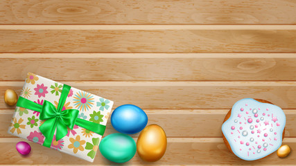 Realistic colored Easter eggs, tasty cake and beautiful gift box with bow on wooden planks