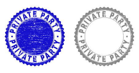 Grunge PRIVATE PARTY stamp seals isolated on a white background. Rosette seals with grunge texture in blue and gray colors. Vector rubber stamp imitation of PRIVATE PARTY text inside round rosette.