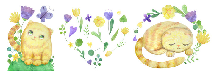 set of hand-drawn compositions with a cat and stylized flowers