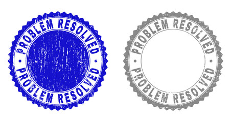 Grunge PROBLEM RESOLVED stamp seals isolated on a white background. Rosette seals with grunge texture in blue and gray colors. Vector rubber stamp imprint of PROBLEM RESOLVED tag inside round rosette.