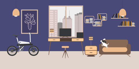 Modern interior design of Freelance WorkRoom with furniture, different constructor elements, desk, chair, couch, chair, lamp, painting, window, electric bike, dasktop, dog. Vector illustration.