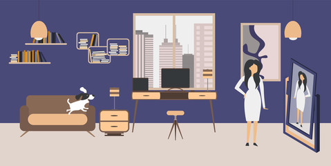 Modern interior design of Freelance WorkRoom with furniture, different constructor elements, desk, chair, couch, chair, lamp, painting, window, electric bike, dasktop, dog, girl looks in the mirror.