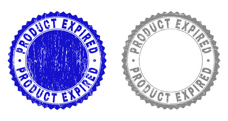 Grunge PRODUCT EXPIRED stamp seals isolated on a white background. Rosette seals with grunge texture in blue and gray colors. Vector rubber stamp imprint of PRODUCT EXPIRED title inside round rosette.