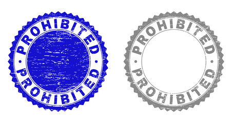 Grunge PROHIBITED stamp seals isolated on a white background. Rosette seals with grunge texture in blue and grey colors. Vector rubber stamp imitation of PROHIBITED tag inside round rosette.