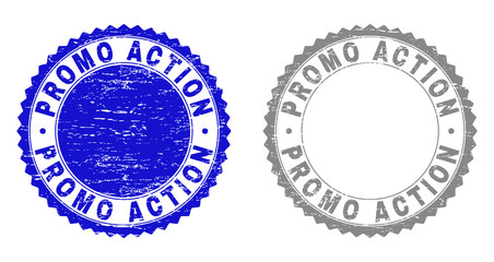 Grunge PROMO ACTION stamp seals isolated on a white background. Rosette seals with distress texture in blue and gray colors. Vector rubber stamp imprint of PROMO ACTION text inside round rosette.