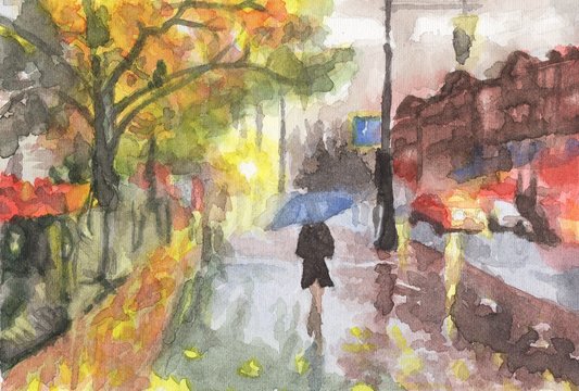 Watercolor painting - Russia St Petersburg Nevsky prospect rain
