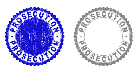 Grunge PROSECUTION stamp seals isolated on a white background. Rosette seals with grunge texture in blue and gray colors. Vector rubber stamp imitation of PROSECUTION tag inside round rosette.