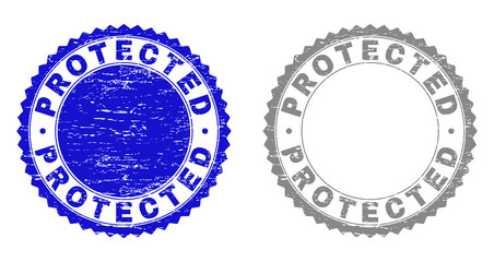 Grunge PROTECTED stamp seals isolated on a white background. Rosette seals with distress texture in blue and gray colors. Vector rubber stamp imprint of PROTECTED title inside round rosette.