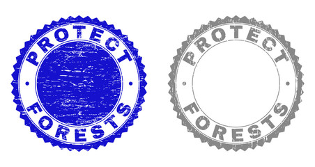 Grunge PROTECT FORESTS stamp seals isolated on a white background. Rosette seals with distress texture in blue and gray colors.