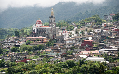 Panoramic view of the city, including the Parroquia de San Francisco de Asís church, Cuetzalan, Mexico.