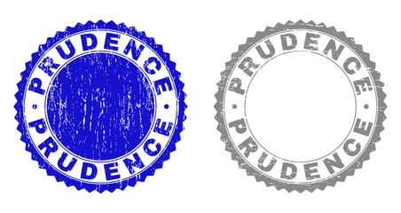 Grunge PRUDENCE stamps isolated on a white background. Rosette seals with grunge texture in blue and grey colors. Vector rubber stamp imitation of PRUDENCE caption inside round rosette.