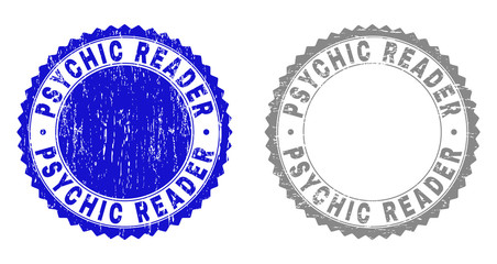 Grunge PSYCHIC READER stamp seals isolated on a white background. Rosette seals with grunge texture in blue and grey colors. Vector rubber stamp imprint of PSYCHIC READER text inside round rosette.