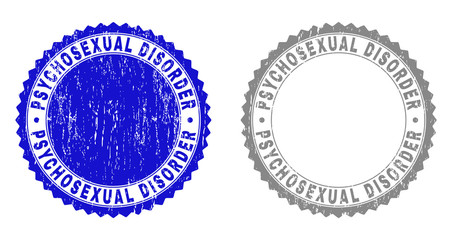 Grunge PSYCHOSEXUAL DISORDER stamp seals isolated on a white background. Rosette seals with grunge texture in blue and grey colors.