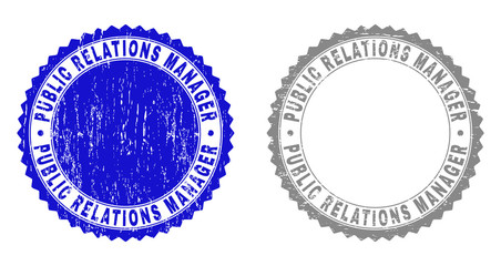 Grunge PUBLIC RELATIONS MANAGER stamp seals isolated on a white background. Rosette seals with grunge texture in blue and gray colors.