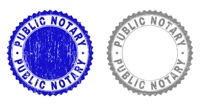 Grunge PUBLIC NOTARY stamp seals isolated on a white background. Rosette seals with grunge texture in blue and grey colors. Vector rubber watermark of PUBLIC NOTARY label inside round rosette.