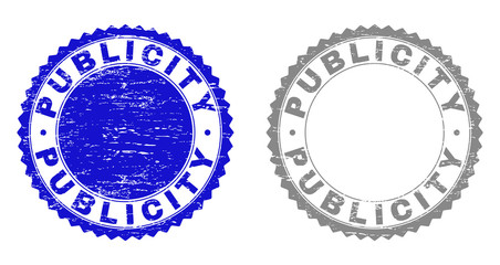 Grunge PUBLICITY stamp seals isolated on a white background. Rosette seals with grunge texture in blue and gray colors. Vector rubber stamp imitation of PUBLICITY tag inside round rosette.