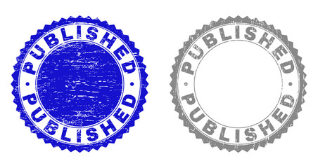 Grunge PUBLISHED stamp seals isolated on a white background. Rosette seals with grunge texture in blue and gray colors. Vector rubber stamp imprint of PUBLISHED label inside round rosette.