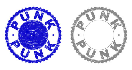 Grunge PUNK stamp seals isolated on a white background. Rosette seals with grunge texture in blue and grey colors. Vector rubber stamp imprint of PUNK tag inside round rosette.