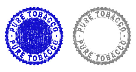 Grunge PURE TOBACCO stamp seals isolated on a white background. Rosette seals with grunge texture in blue and grey colors. Vector rubber overlay of PURE TOBACCO title inside round rosette.