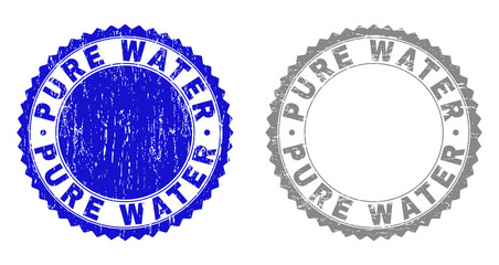 Grunge PURE WATER stamp seals isolated on a white background. Rosette seals with distress texture in blue and gray colors. Vector rubber stamp imitation of PURE WATER title inside round rosette.