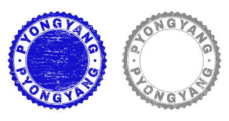 Grunge PYONGYANG stamp seals isolated on a white background. Rosette seals with grunge texture in blue and grey colors. Vector rubber stamp imprint of PYONGYANG caption inside round rosette.