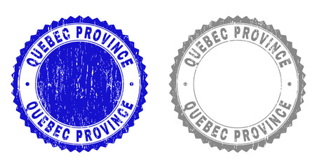 Grunge QUEBEC PROVINCE stamp seals isolated on a white background. Rosette seals with grunge texture in blue and gray colors. Vector rubber stamp imprint of QUEBEC PROVINCE tag inside round rosette.