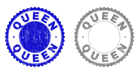 Grunge QUEEN stamp seals isolated on a white background. Rosette seals with grunge texture in blue and grey colors. Vector rubber stamp imitation of QUEEN tag inside round rosette.