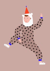 Funny man partying in a bear and leopard costume