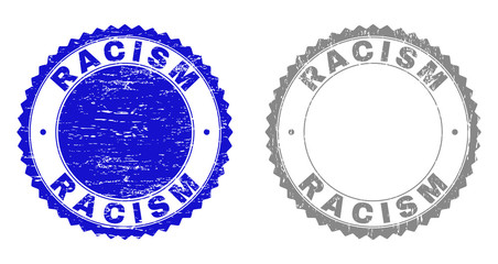 Grunge RACISM stamp seals isolated on a white background. Rosette seals with distress texture in blue and gray colors. Vector rubber stamp imprint of RACISM tag inside round rosette.