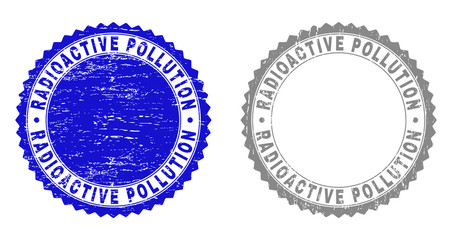 Grunge RADIOACTIVE POLLUTION stamp seals isolated on a white background. Rosette seals with grunge texture in blue and grey colors.