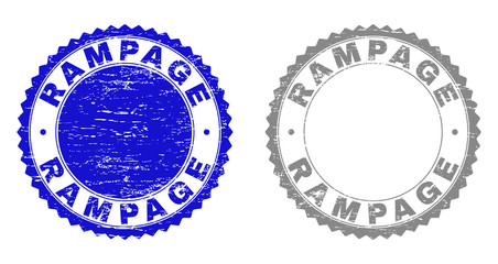 Grunge RAMPAGE stamp seals isolated on a white background. Rosette seals with grunge texture in blue and grey colors. Vector rubber stamp imprint of RAMPAGE title inside round rosette.