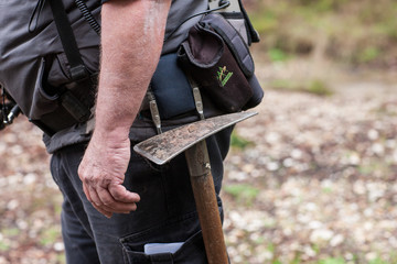 Ballarat Australia June 25th 2014 : Close up view of a prospectors pick axe in a belt holster