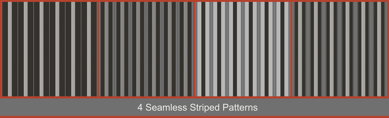 Seamless vector striped patterns with abstract geometric elements in monochrome colors on black background. Collection of abstract prints