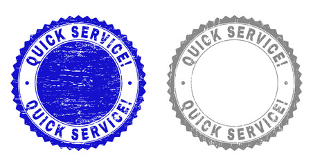 Obraz premium Grunge QUICK SERVICE! stamp seals isolated on a white background. Rosette seals with grunge texture in blue and grey colors. Vector rubber stamp imprint of QUICK SERVICE! text inside round rosette.
