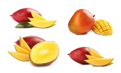 Set of delicious ripe mangoes on white background