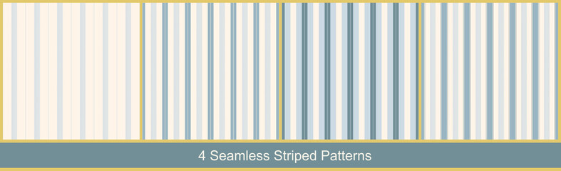 Seamless vector striped patterns with abstract geometric elements in monochrome blue colors on white background. Collection of abstract prints