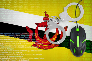 Brunei Darussalam flag  and handcuffed computer mouse. Combating computer crime, hackers and piracy