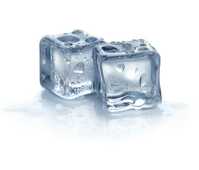 Crystal clear ice cubes on white background