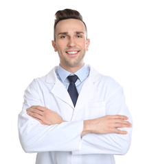 Portrait of male dentist on white background